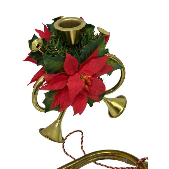 VTG Brass Trumpet Horns Christmas Decor Set 4 Gold Tone Poinsettia Wreath 4"x7" - Picture 2 of 8